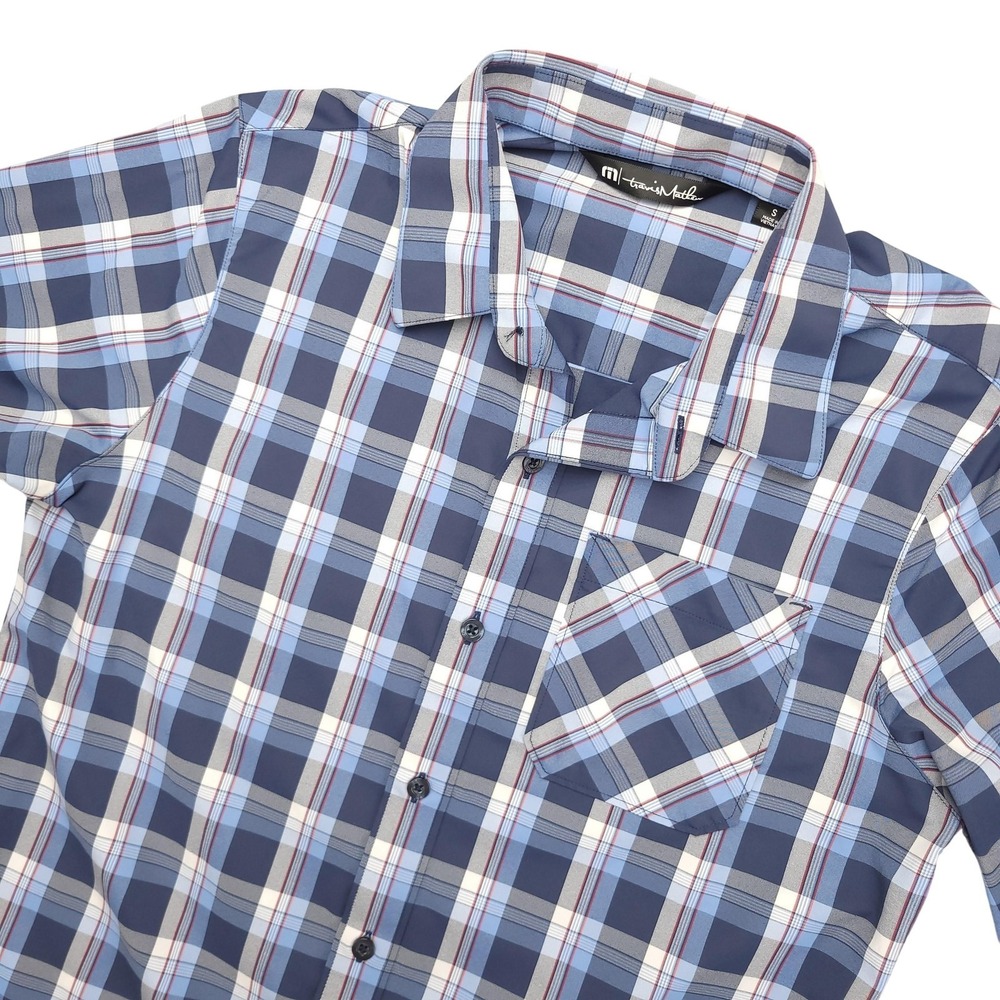 Travis‎ Mathew Shirt Mens S Blue Plaid Short Sleeve Button Up Stretch Casual